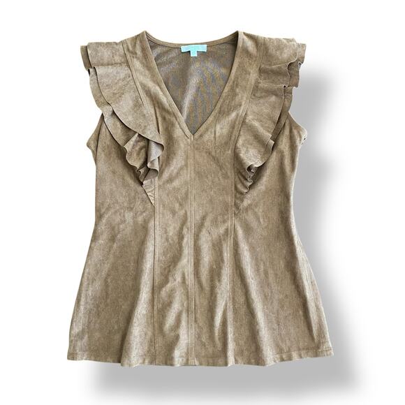 Jade by Melody Tam XS Faux Suede Tan Ruffle Sleeve V-Neck‎ Top Blouse - Picture 1 of 7